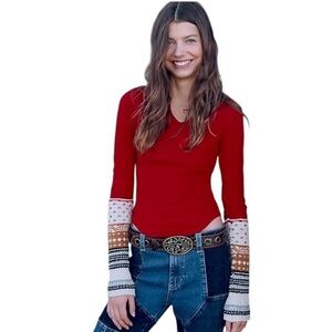 We The Free Free People NWT M thermal top with split neck and crochet sleeves